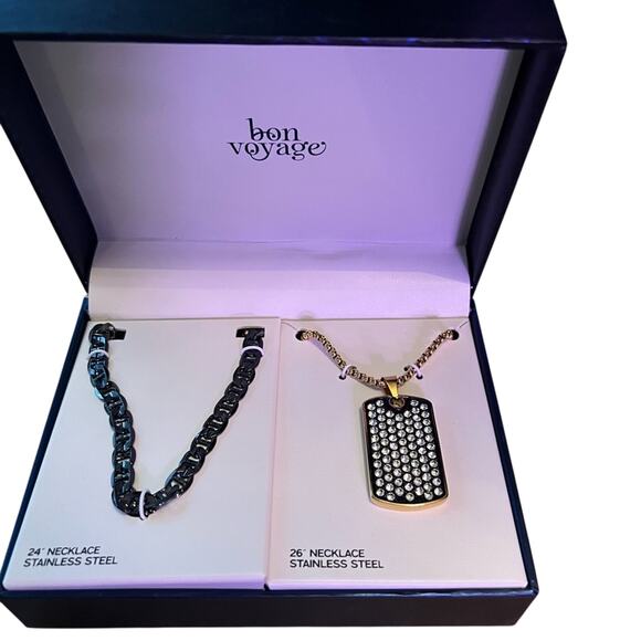 Bon Voyage Gunmetal Stainless Steel  Men’s Necklace Set of 2 NEW - Picture 1 of 7